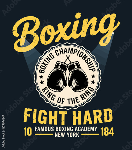 An energetic design representing the intensity of boxing, featuring bold graphics of gloves and the fight hard motto, perfect for enthusiasts and athletes in the sport.