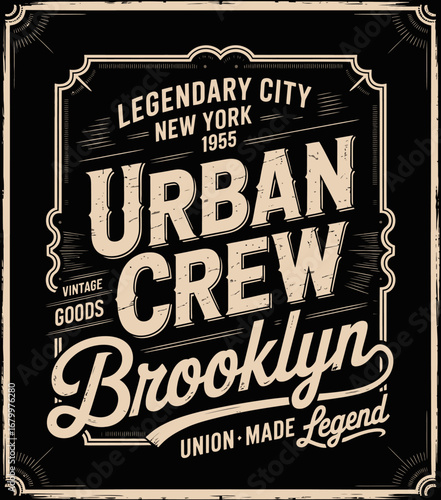 A classic Brooklyn apparel design highlighting the urban crew spirit, incorporating vintage elements from 1955 with a bold, stylish font and distinct color scheme.