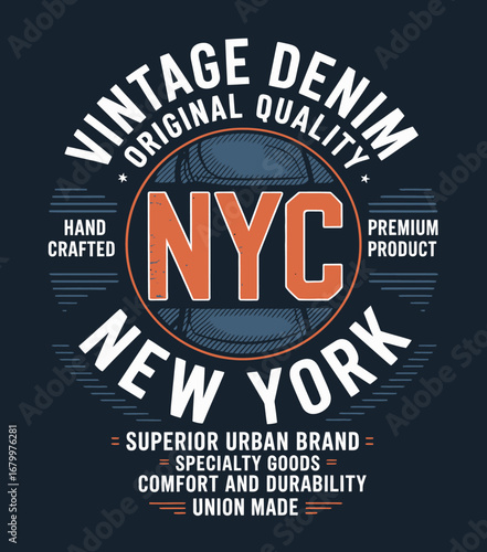 This artistic design represents NYC's handcrafted vintage denim logo, highlighting originality and craftsmanship, combining modern urban aesthetics with timeless quality and style elements.
