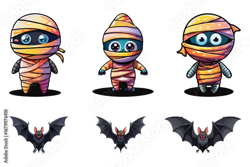 Cute Halloween Mummies and Bats Cartoon Illustration