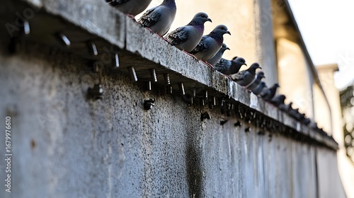 Row of pigeons perched on ledge with bird deterrent spikes urban wildlife photography image stock photo