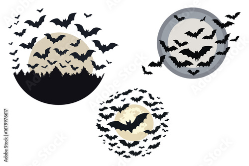 Bats Flying Across Full Moon Halloween Illustration