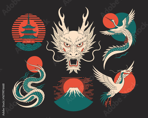 This striking image features a majestic dragon, beautiful cranes, and iconic Japanese elements like Mount Fuji, showcasing the rich cultural heritage of Asia in a vibrant style.