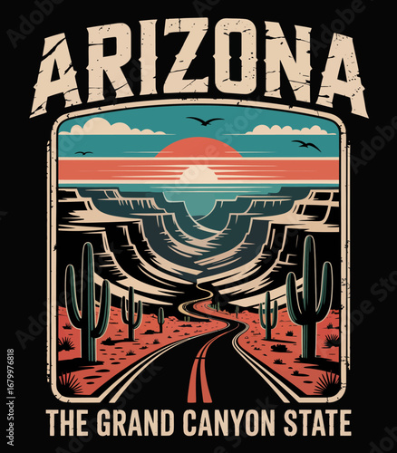 The image represents a vibrant sunset over the Grand Canyon, showcasing a captivating road winding through a unique desert landscape with iconic cacti and layered hills.