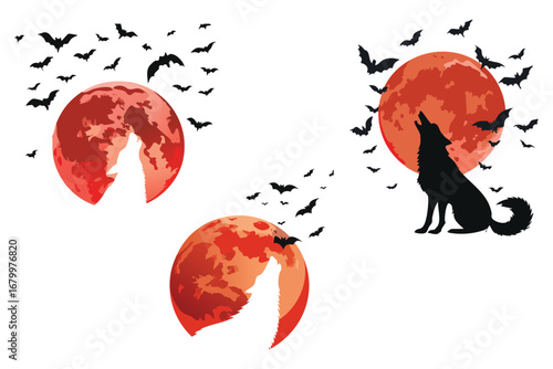 Wolf Howling at Blood Moon with Bats Illustration