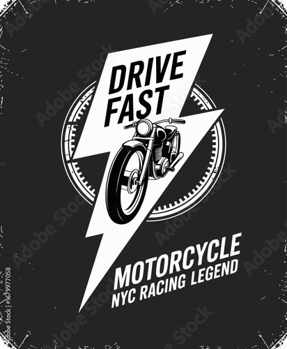 Featuring a bold motorcycle graphic, this image showcases the energetic phrase 'Drive Fast' while incorporating elements that reflect racing culture and legend.