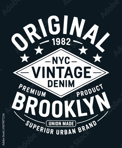 An artistic graphic design featuring Brooklyn-centered union-made denim branding, emphasizing craftsmanship, creativity, and the allure of vintage urban fashion for modern contexts.