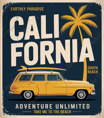 An attractive artistic representation of California's beach vibes featuring a retro-inspired car, embodying carefree adventure and sun-soaked days by the ocean.