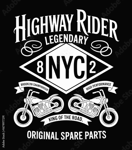 An artistic representation of 'Highway Rider' capturing the essence of motorcycling culture with bold typography and motorcycle graphics, ideal for art enthusiasts.
