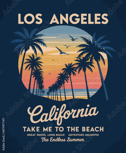 This artistic print captures the dynamic allure of a California beach landscape, featuring palm trees and a beautiful sunset, symbolizing the spirit of the endless summer.