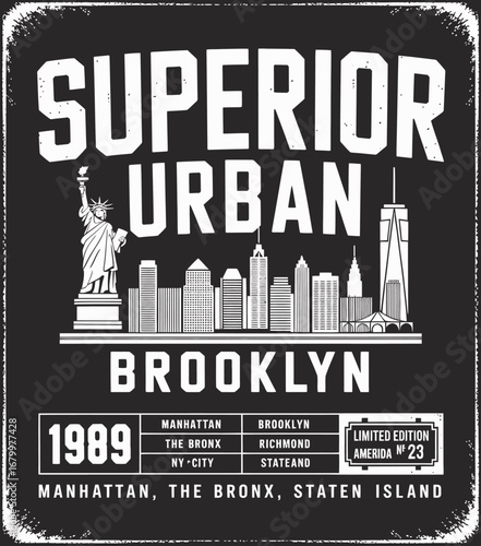 This graphic design captures Brooklyn's urban essence, featuring iconic landmarks and city elements, emphasizing its uniqueness and cultural significance since 1989.