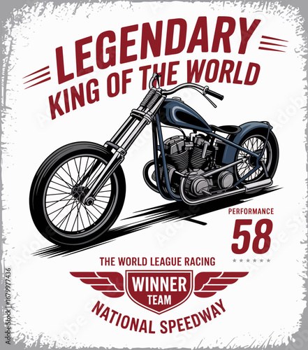 This image features a retro motorcycle design with the phrase 'Legendary King of the World', appealing to vintage motorcycle collectors and art lovers alike.
