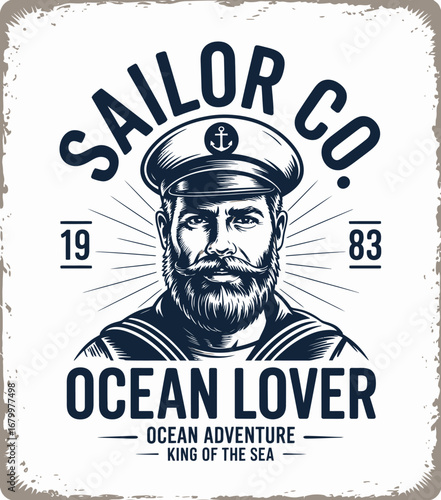 This vintage-inspired graphic portrays a sailor with an ocean theme, emphasizing adventure and the seafaring spirit, complete with nautical details and a classic design style.