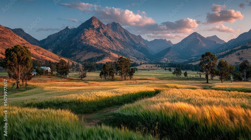 Naklejka premium A wheat field glowing in sunset light with mountains nearby