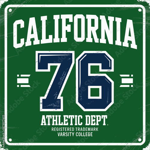 This image showcases a retro California 76 logo, encapsulating a sporty aesthetic perfect for apparel related to athletics and college spirit.