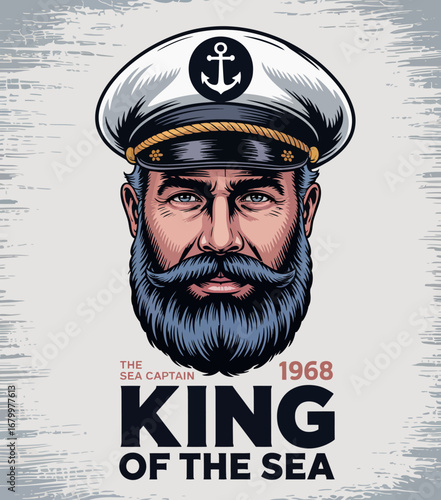 An engaging image of a sea captain with a commanding beard, reminiscent of nautical adventures, emphasizing strength and authority within a classic, artistic style.