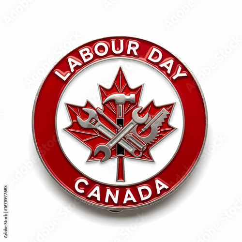 A commemorative pin celebrating Labour Day in Canada, featuring a red maple leaf emblem with crossed industrial tools.