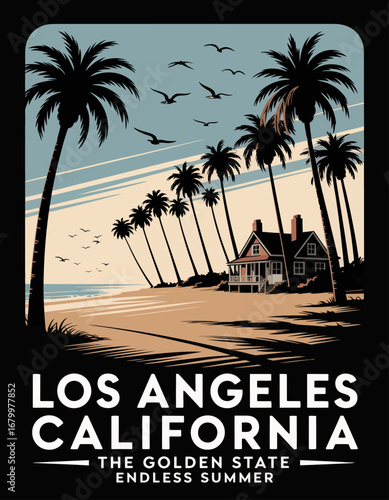 This captivating illustration of a Los Angeles beach scene showcases palm trees and waves, embodying the endless summer spirit and the beauty of California's coastline.