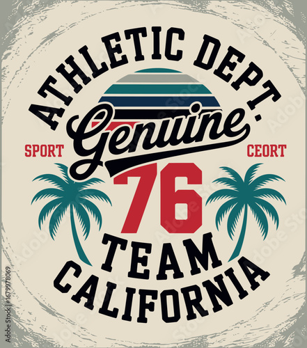 This graphic design features a vintage aesthetic for an athletic department, showcasing sporty elements and vibrant colors that evoke feelings of teamwork and active lifestyle.