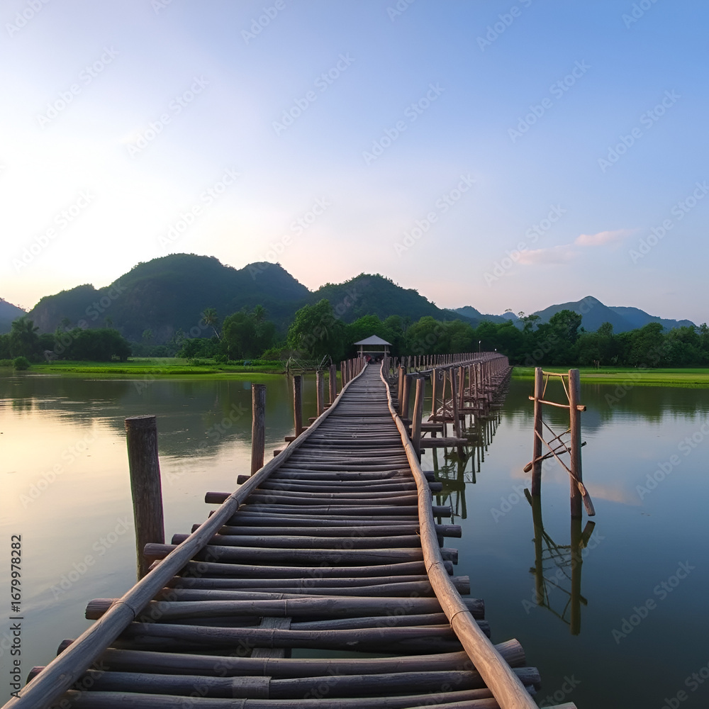 Fototapeta premium Auttamanusorn Wooden Bridge (Sapan Mon), Sungkaburi, Kanchanaburi, Thailand. Sangklaburi Sapan mon is most longer number two for wooden bridge in the world record.