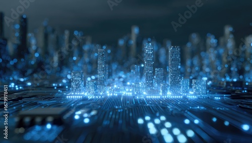 Futuristic cityscape digitally rendered on a circuit board