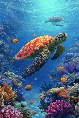 Vibrant sea turtle swims amidst colorful coral reef