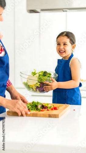 Daughter holds salad bowl, mother prepping