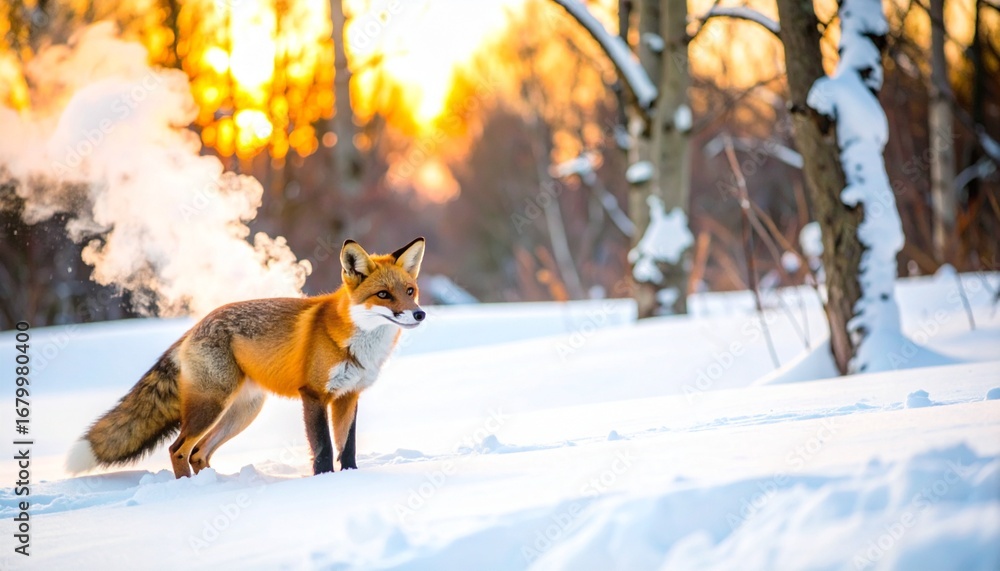 Fototapeta premium Red fox standing in a snowy forest clearing at sunrise, visible breath in the cold air, captured in sharp detail with realistic textures and glowing winter light