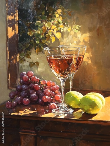 Elegant Wine and Grapes Still Life: Vintage Decor with Rich Colors and Seasonal Fruit for a Gourmet Dining Experience
