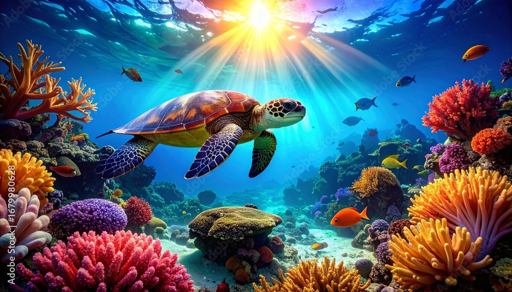 Fototapeta premium Underwater view of a sea turtle gliding above a vibrant coral reef, surrounded by colorful marine life, with shafts of sunlight penetrating clear water in highly realistic detail
