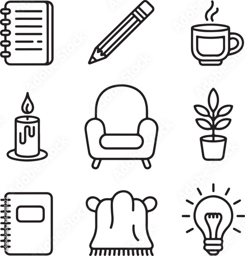 Relaxing Journaling Vector Icons Collection Diary, Pencil, Tea, Candle, Cozy Chair, Plant, Notebook, Blanket, and Lightbulb Idea