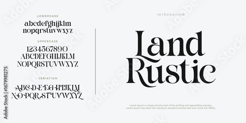Land Rustic Fashion font alphabet. Minimal modern urban fonts for logo, brand etc. Typography typeface uppercase lowercase and number. vector illustration