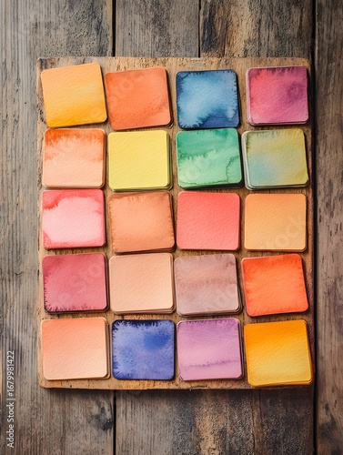 Vibrant Watercolor Palette with Color Swatches on Wood: An Artistic and Creative Workspace for Modern DIY Projects