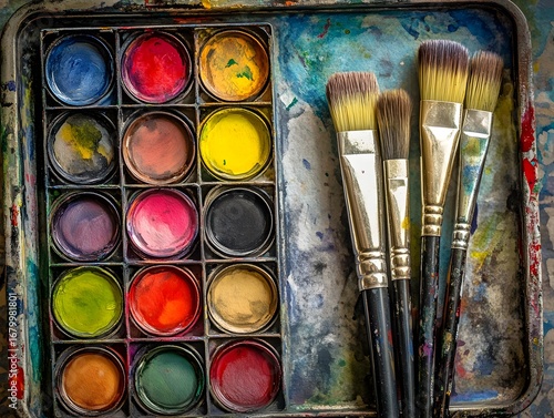 Colorful Watercolor Paints Palette with Brushes for Creative Artistic Expression and Crafting