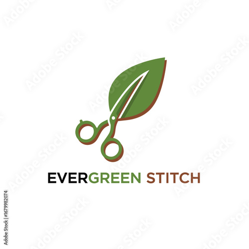 A logo featuring scissors cutting a leaf, symbolizing eco-friendly stitching.
