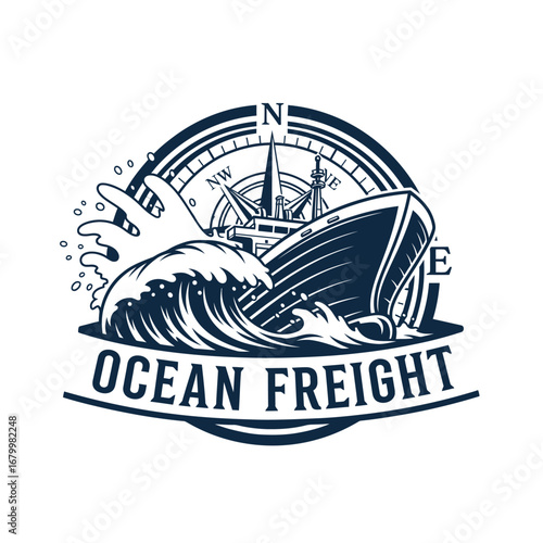 A logo depicting a ship navigating waves, encircled by a compass, symbolizing ocean freight and global trade.