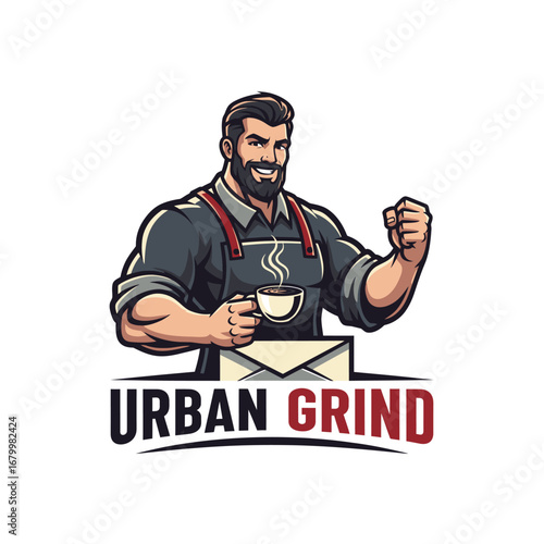 A powerful logo for a coffee shop featuring a strong barista holding a coffee cup.