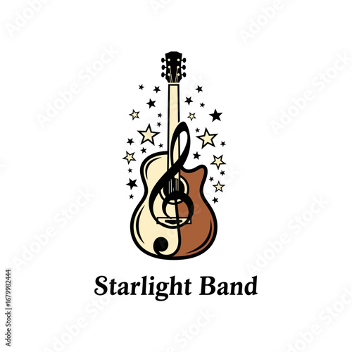 A logo for a music band featuring an acoustic guitar combined with a treble clef, surrounded by stars.