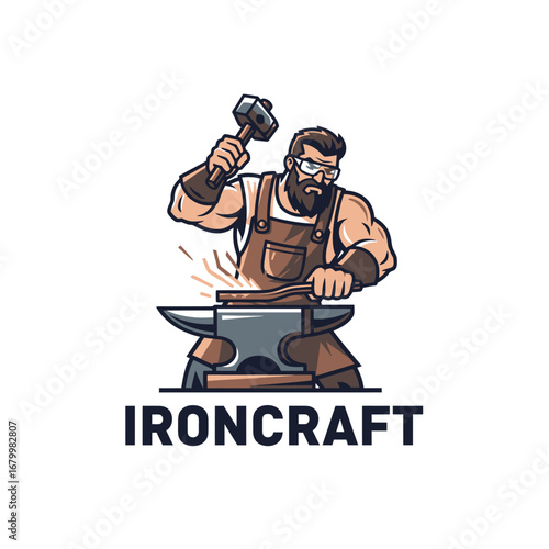 A strong blacksmith working at his anvil.