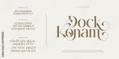 Dock Konam Fashion font alphabet. Minimal modern urban fonts for logo, brand etc. Typography typeface uppercase lowercase and number. vector illustration