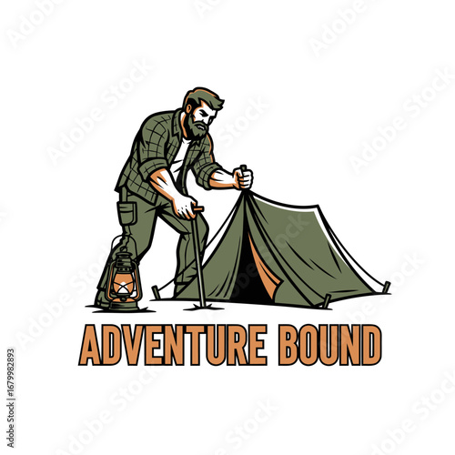 A bearded man sets up his tent, ready for adventure.  Lantern nearby.