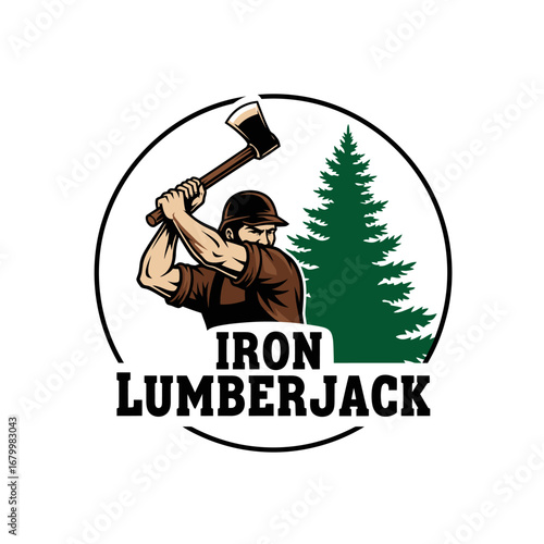 Lumberjack logo design featuring a strong man swinging an axe near a pine tree.
