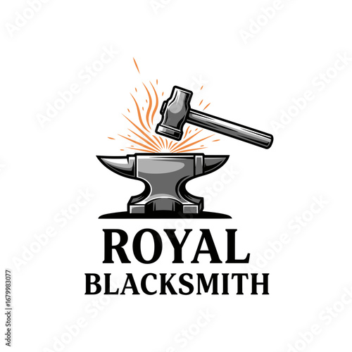 A logo for a blacksmith featuring an anvil, hammer, and sparks.