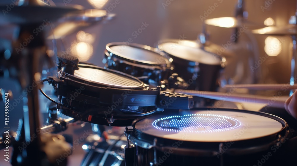 Obraz premium Close medium shot emphasizing the kinetic drum risers central drum pad pulsing with electric charge from rhythmic strikes with an outoffocus band and equipment creating depth and