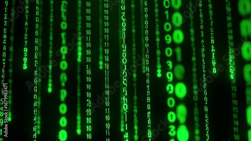 Futuristic digital rain of green binary code cascading in the darkness