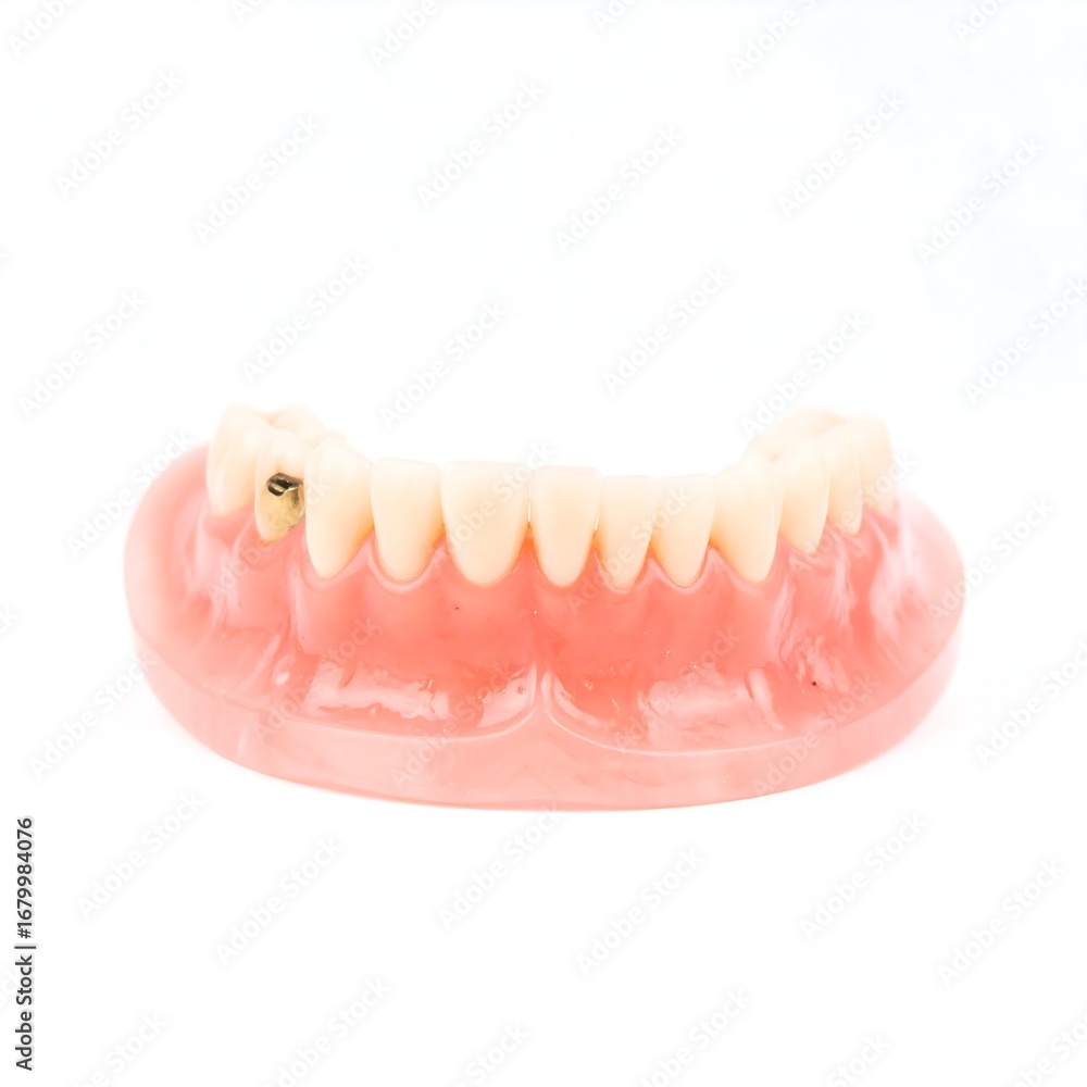 Obraz premium Dental Prosthesis with Gold Implant on White Background.