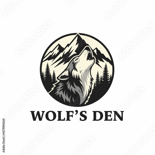 A howling wolf in a mountain landscape.  Wolf's Den logo.