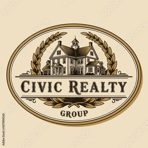 A vintage-style logo for Civic Realty Group, featuring an elegant house illustration.