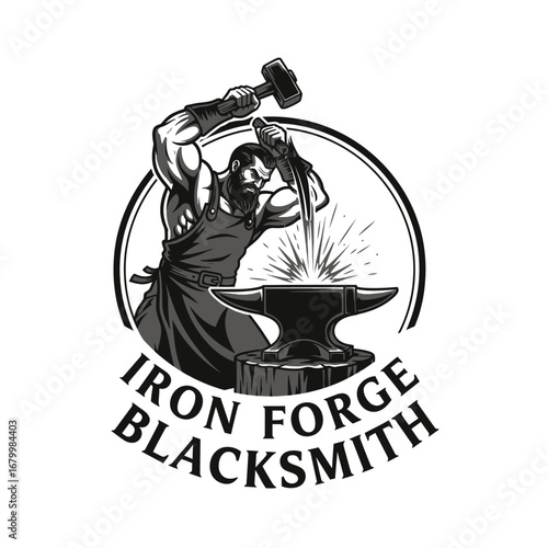 A strong blacksmith logo design.  A muscular man forging iron on an anvil.