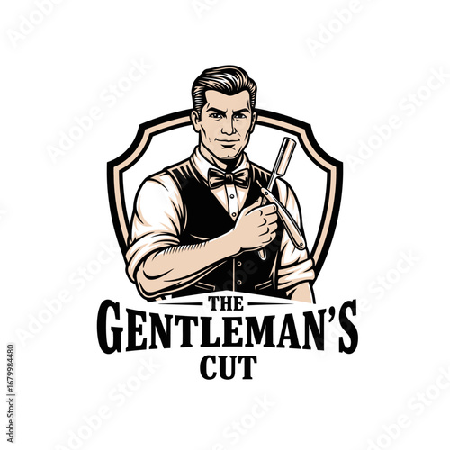 Vintage barber shop logo featuring a stylish gentleman with a straight razor.